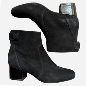 Bandolino Ankle Boots 5 Black Patent Block Heel Back Zip Snap Quiet Luxury 8.5